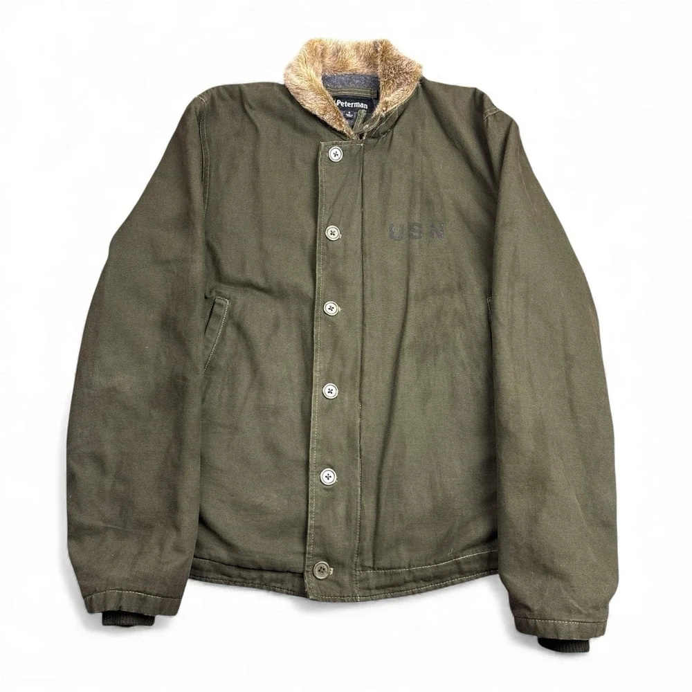 J Peterman Military Coat Jacket Men's Small Green Canvas USN N1 Deck Stencil - Picture 1 of 12